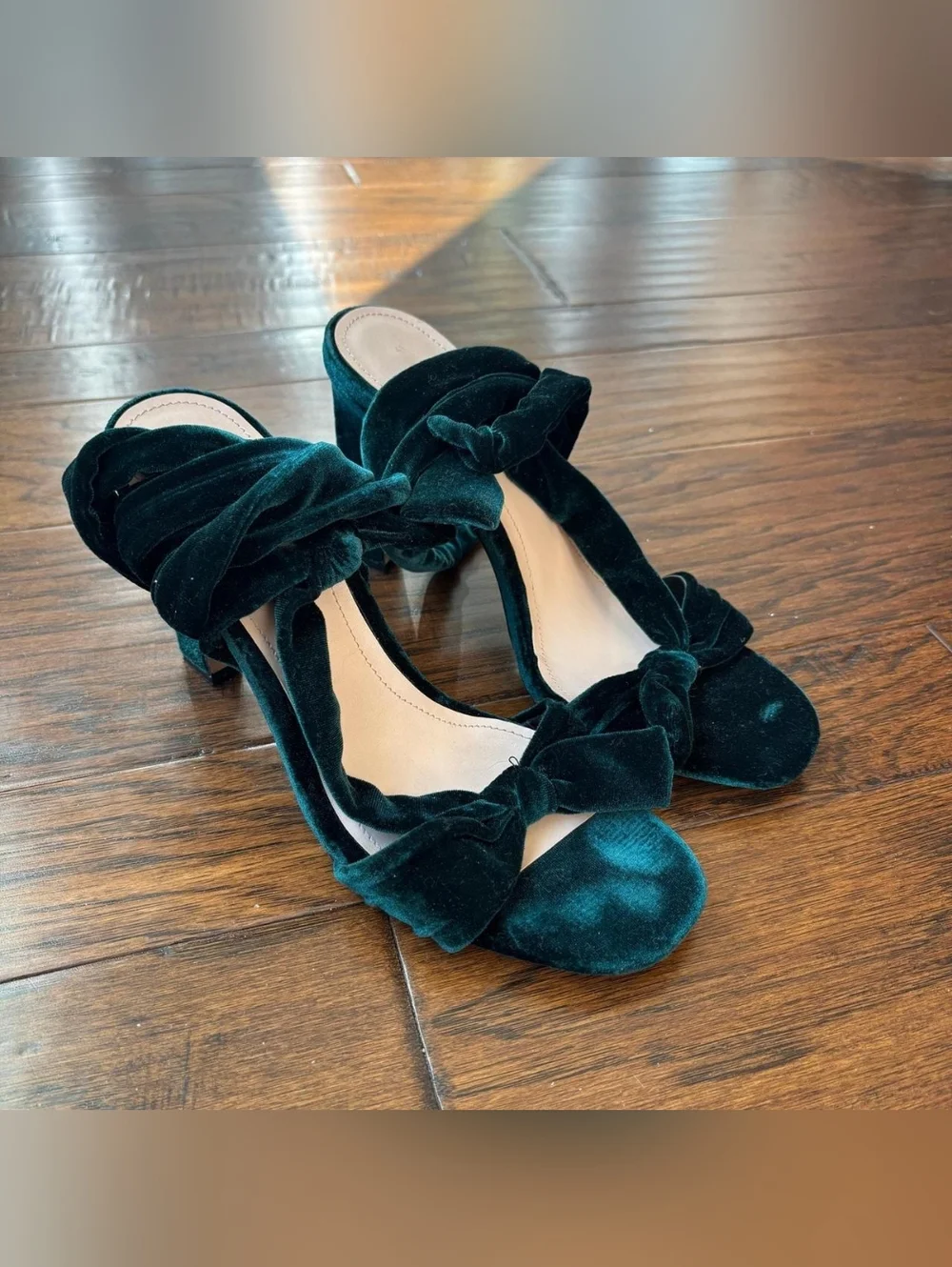 Zara Emerald Green Velvet Bow Sandals Lace Up Ankle Tie Block Heels Size 10 - Picture 3 of 8